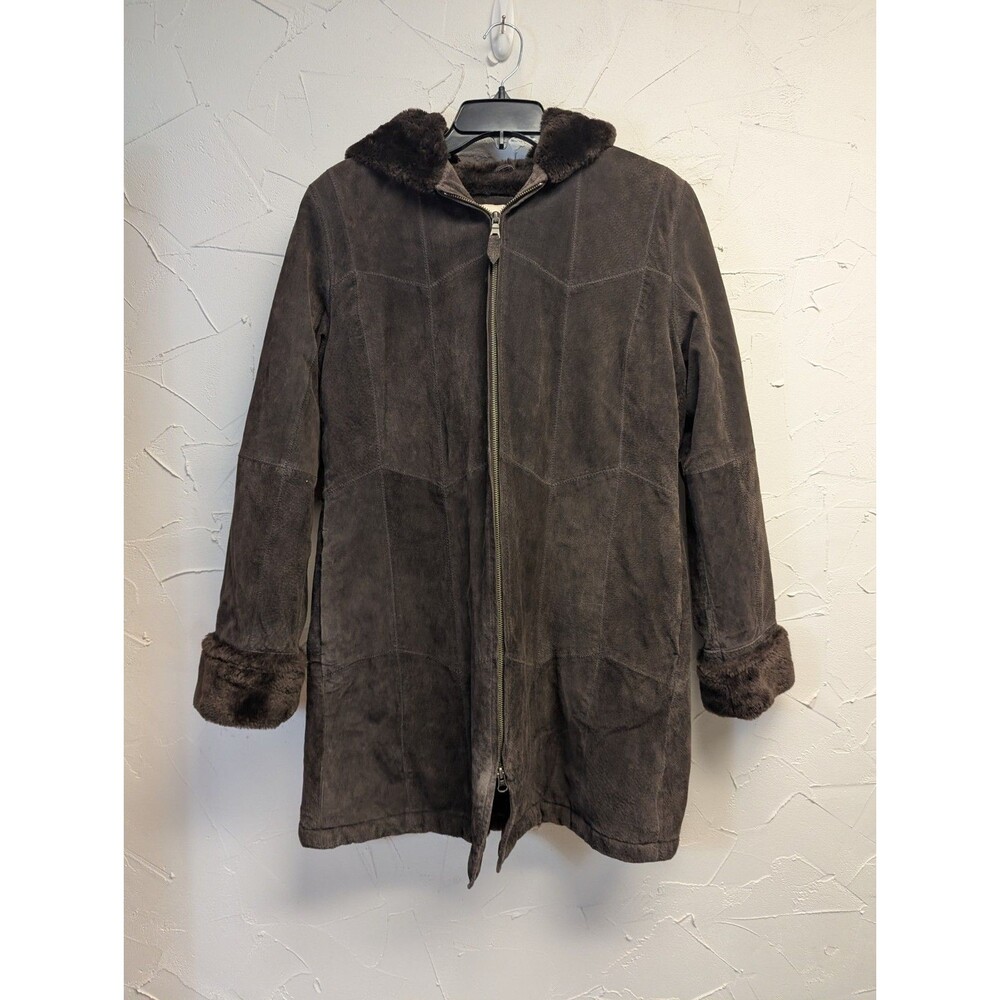 VTG Covington Suede Leather Hooded Coat Faux Fur Trim Parka Jacket Women's L